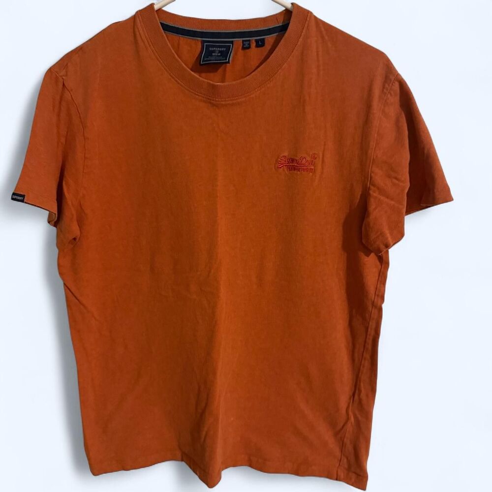 Superdry t-shirt men L orange embroidered logo short sleeve organic cotton